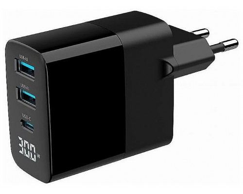 CARGADOR RAPIDO USB GEMBIRD GAN DE 3 PUERTOS Y 30 W, LCD, NEGRO