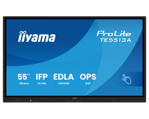 PANTALLA INTERACTIVA 55" EDLA, ANDROID 14, 8/128GB UHD IPS, MM 2X 20W  + 20W SUBWR, 2X HDMI, DP , 2X USB-C,  450CD/M, HORIZ , MEDIA PLAY USB PORTS, ANTIGLARE, LAN, RS232C, IIWARE WIFI-6/BT 5.0, OPS SLOT, VESA 400X400 (MOUNT INCLUDED) (TE5513A-B1AG)