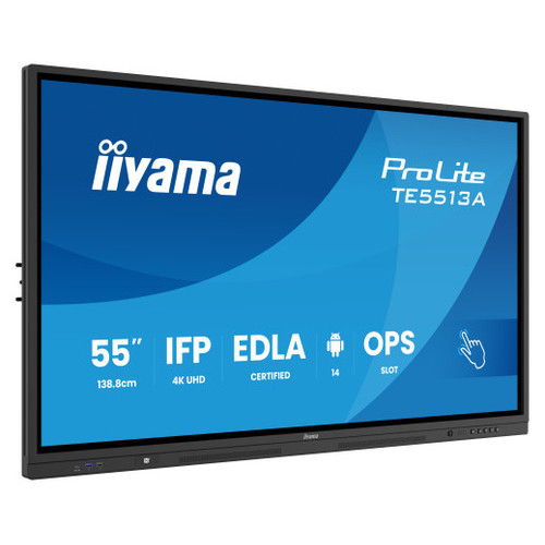 IIYAMA 55" (EDLA)/ANDROID 14,8 CORE SOC, 8/128GB, 40-PTS UHD , NFC, PIR , MM 2X20W +20W SBUW, 2XHDMI, USB-C / HDMI,DP, 2XUSB-C100W PD/MINI-JACK / OPT.OUT, 450CD/M2, L/S MODE, AG GLASS, LAN, WIFI6, BT5.0/IIWARE, PC SLOT,400X400 (WM INCL.) (TE5513A-B2-MR172 IIYAMA 55" (EDLA)/ANDROID 14,8 CORE SOC, 8/128GB, 40-PTS UHD , NFC, PIR , MM 2X20W +20W SBUW, 2XHDMI, USB-C / HDMI,DP, 2XUSB-C100W PD/MINI-JACK / OPT.OUT, 450CD/M2, L/S MODE, AG GLASS, LAN, WIFI6, BT5.0/IIWARE, PC SLOT,400X400 (WM INCL.) (TE5513A-B2