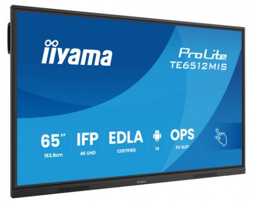 MONITOR INTERACTIVO IIYAMA 65" EDLA, ANDROID 14, 8/128GB, 40-P,3840X2160,UHD,MM 2X 20W,VGA,HDMI 2X /1XOUT, 2X USB-C,MINI-JACK OPTICAL OUT,USB TOUCH, 400CD/M2,LANDSC MODE,MEDIA PLAY USB, AG,LAN,RS232C,IIWARE,WIFI/BT,VESA 600X400,SLOT OPC (TE6512MIS-B4