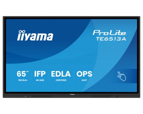PANTALLA INTERACTIVA 65" EDLA, ANDROID 14, 8/128GB UHD IPS, MM 2X 20W  + 20W SUBWR, 2X HDMI, DP , 2X USB-C,  450CD/M, HORIZ , MEDIA PLAY USB PORTS, ANTIGLARE, LAN, RS232C, IIWARE WIFI-6/BT 5.0, OPS SLOT, VESA 400X400 (MOUNT INCLUDED) (TE6513A-B1AG)