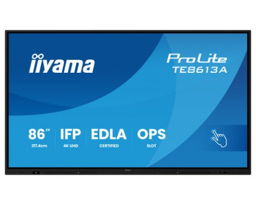 PANTALLA INTERACTIVA 86" EDLA, ANDROID 14, 8/128GB UHD IPS, MM 2X 20W  + 20W SUBWR, 2X HDMI, DP , 2X USB-C,  450CD/M, HORIZ , MEDIA PLAY USB PORTS, ANTIGLARE, LAN, RS232C, IIWARE WIFI-6/BT 5.0, OPS SLOT, VESA 400X400 (MOUNT INCLUDED) (TE8613A-B1AG)