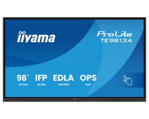 PANTALLA INTERACTIVA 98" EDLA, ANDROID 14, 8/128GB UHD IPS, MM 2X 20W  + 20W SUBWR, 2X HDMI, DP , 2X USB-C,  450CD/M, HORIZ , MEDIA PLAY USB PORTS, ANTIGLARE, LAN, RS232C, IIWARE WIFI-6/BT 5.0, OPS SLOT, VESA 400X400 (MOUNT INCLUDED) (TE9813A-B1AG)